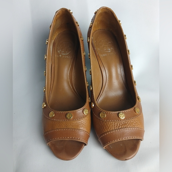 TORY BURCH Wedge Women Sandals Size 6.5 Tan Leather Open Toe - Picture 2 of 10